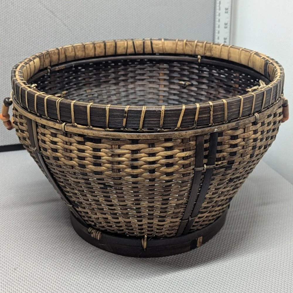 VTG Handcrafted Woven Bamboo Basket Two Tone Round Storage w/ Wood Bead Handles